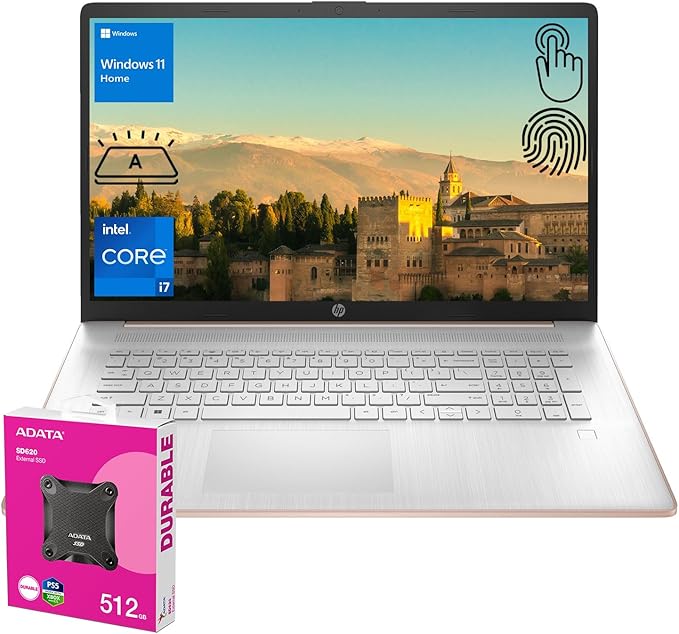 HP Premium 17.3" Laptop, 17.3" HD+ Touchscreen, Intel Core i7-1355U, 32GB RAM, 2TB SSD, Webcam, HDMI, Backlit KB, FP Reader, Wi-Fi 6, Win 11 H, Pale Rose Gold, ADATA 512 External SSD Bundle