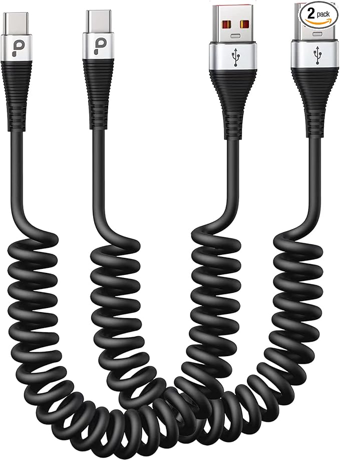 SB C Cable Fast Charging, 2Pack 3ft Coiled USB A to Type C Charge Cord for Car, USB-C Charging Cable Compatible